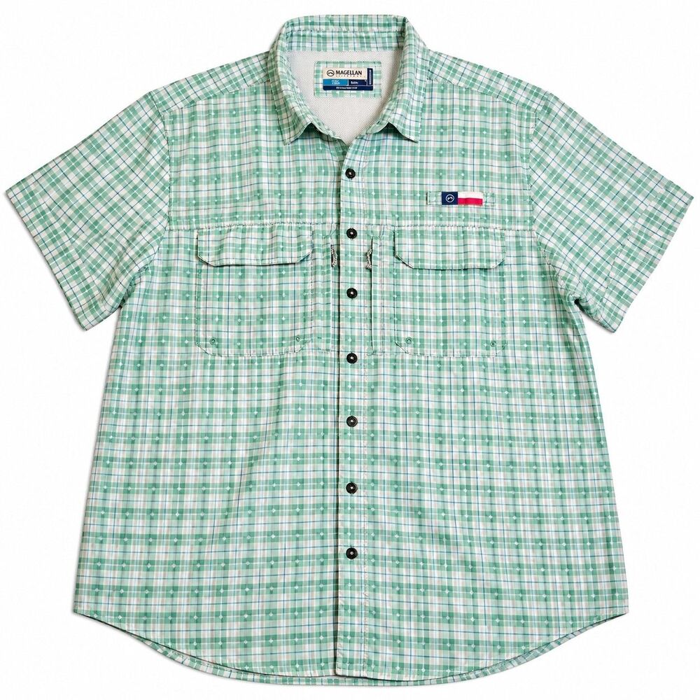 Magellan Outdoors Fish Gear 2XL Mint Plaid Short Sleeve Fishing Shirt Relaxed